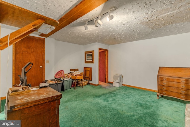 additional living space featuring carpet floors, baseboards, and a textured ceiling