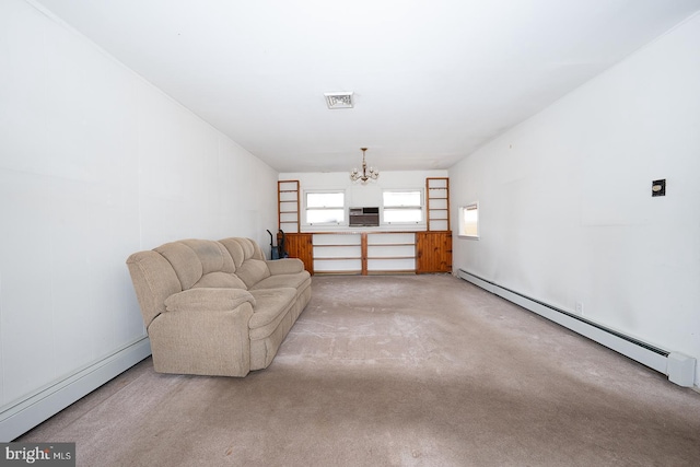 living area with visible vents, a baseboard radiator, carpet, baseboard heating, and a notable chandelier