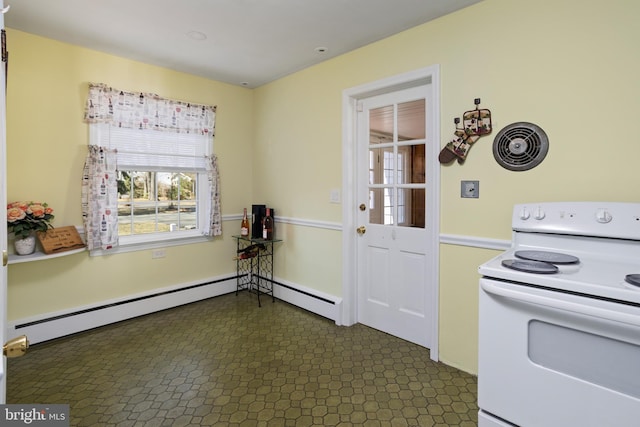 kitchen with a baseboard radiator, electric stove, visible vents, and dark floors