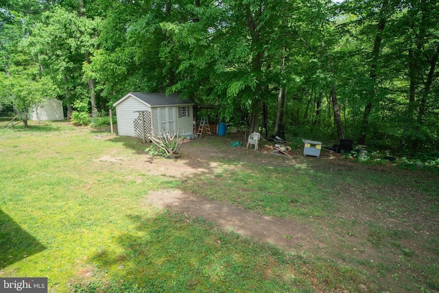 view of yard featuring a storage shed and an outdoor structure