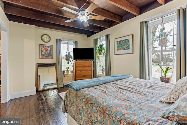 bedroom with baseboards, wooden ceiling, wood-type flooring, ceiling fan, and beamed ceiling