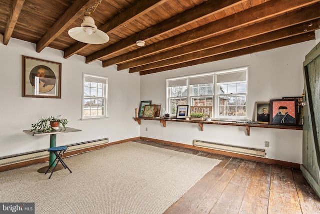 interior space featuring a baseboard radiator, hardwood / wood-style floors, wooden ceiling, beamed ceiling, and baseboards