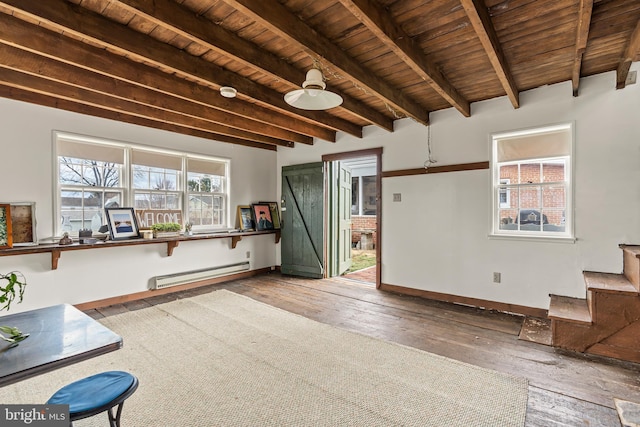 interior space featuring baseboards, wood ceiling, a baseboard radiator, hardwood / wood-style floors, and beamed ceiling