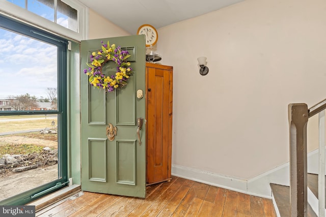 foyer featuring a healthy amount of sunlight, hardwood / wood-style flooring, and baseboards