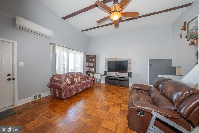 living room with baseboards, visible vents, high vaulted ceiling, ceiling fan, and a wall mounted air conditioner