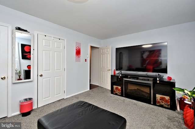 living room featuring carpet floors and baseboards