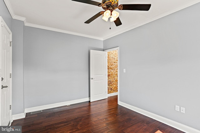 unfurnished bedroom with a ceiling fan, crown molding, baseboards, and dark wood-style flooring