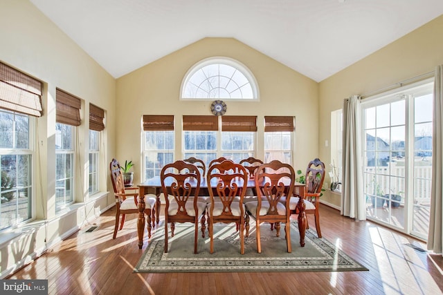 dining space featuring lofted ceiling, hardwood / wood-style flooring, baseboards, and a wealth of natural light