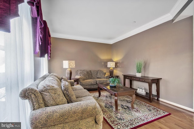 living room with ornamental molding, baseboards, and wood finished floors