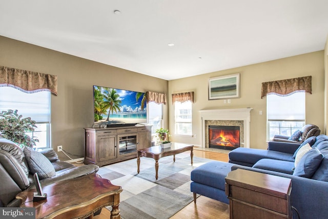 living area with baseboards, a fireplace, a wealth of natural light, and light wood-style floors