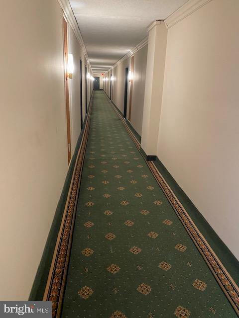 hallway featuring carpet, ornamental molding, and baseboards