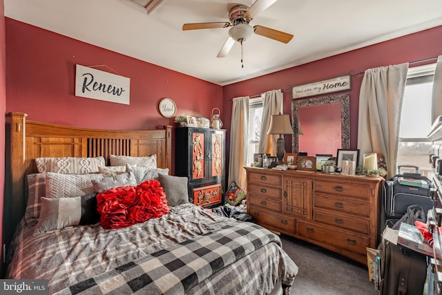 bedroom featuring carpet floors and a ceiling fan