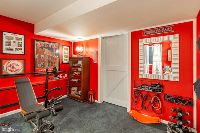 exercise room with a barn door, baseboards, and carpet flooring