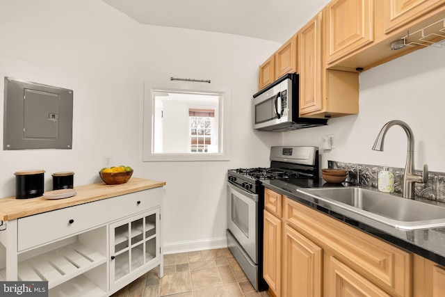 kitchen with appliances with stainless steel finishes, dark countertops, a sink, and electric panel