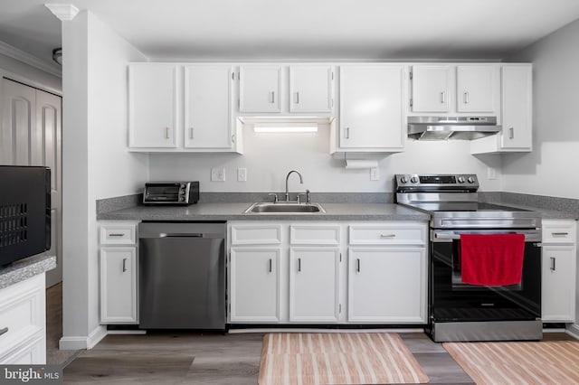 kitchen with wood finished floors, a sink, under cabinet range hood, appliances with stainless steel finishes, and white cabinetry