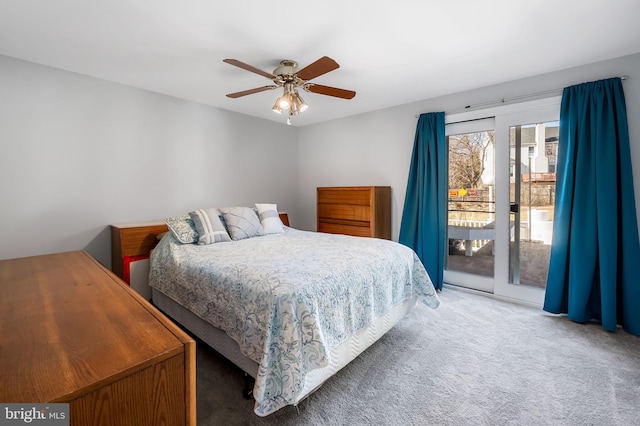 bedroom featuring access to exterior, carpet flooring, and a ceiling fan