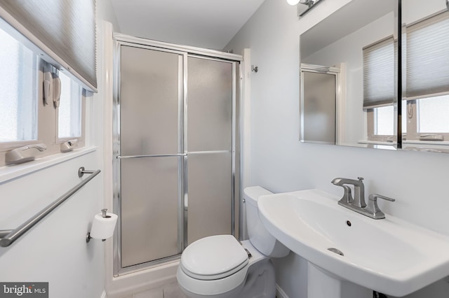 bathroom with a shower stall, toilet, and a sink