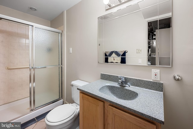 full bath featuring tile patterned floors, a stall shower, toilet, and vanity