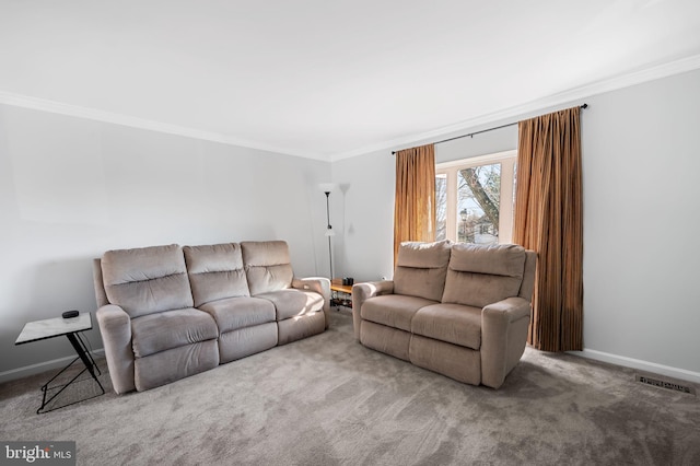 living room featuring visible vents, baseboards, carpet, and crown molding