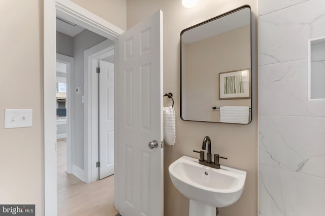 bathroom with a sink and wood finished floors