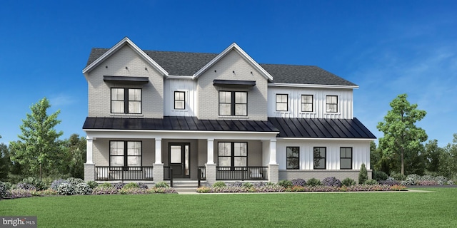 modern farmhouse with board and batten siding, a front lawn, and a standing seam roof