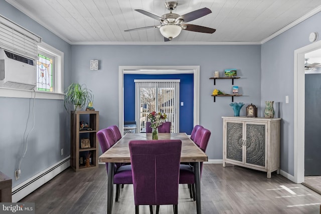 dining area with wood finished floors, baseboards, ornamental molding, ceiling fan, and a baseboard heating unit