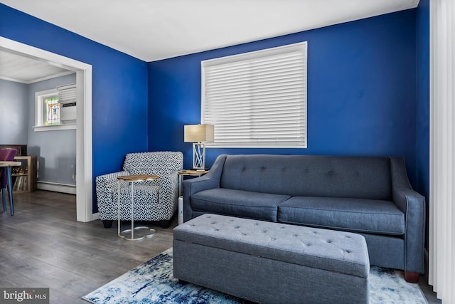 living area featuring a baseboard heating unit, wood finished floors, and baseboards