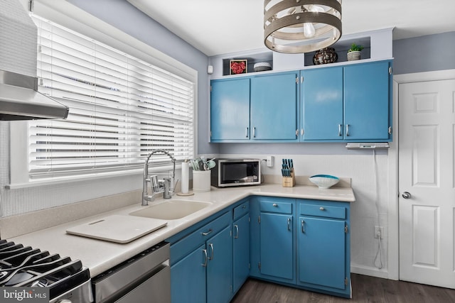 kitchen featuring blue cabinets, stainless steel appliances, light countertops, and a sink