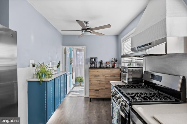 kitchen with blue cabinets, wood finished floors, a wealth of natural light, and stainless steel appliances