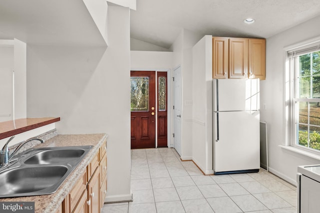 kitchen featuring light brown cabinetry, light countertops, vaulted ceiling, freestanding refrigerator, and a sink