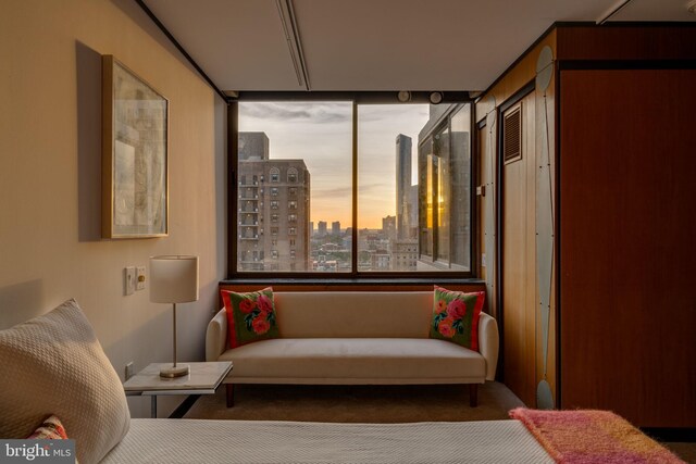 living area with carpet flooring and a city view