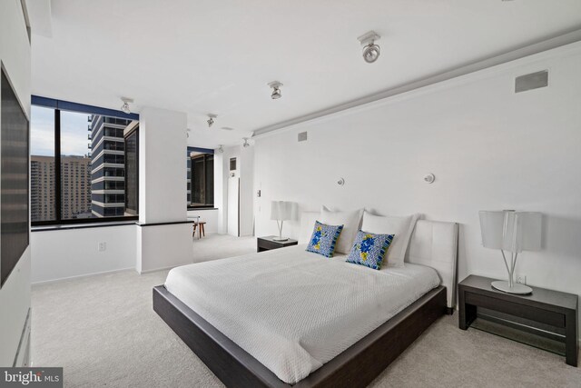 carpeted bedroom featuring visible vents