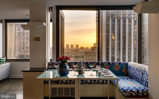 interior space with a city view and wood finished floors