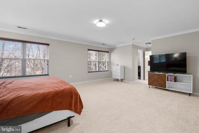 bedroom featuring baseboards, visible vents, crown molding, and light colored carpet