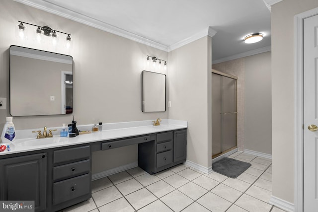 bathroom featuring ornamental molding, a shower stall, vanity, and tile patterned floors