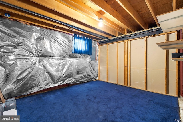 unfinished basement featuring carpet flooring