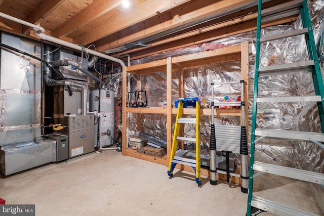 unfinished basement with heating unit and water heater