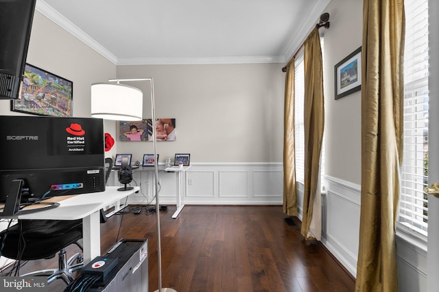 office area featuring ornamental molding, wainscoting, and wood finished floors