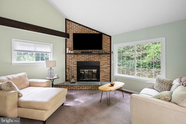 carpeted living area with lofted ceiling and a brick fireplace