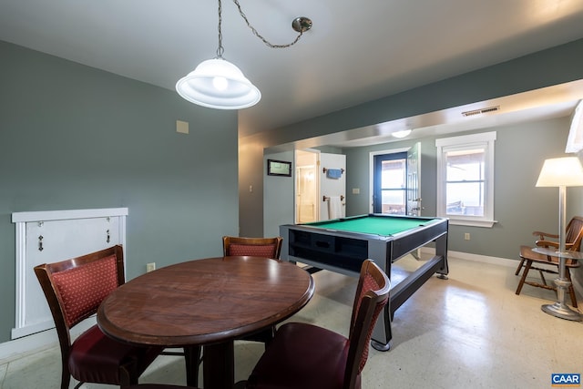 rec room featuring visible vents, billiards, and baseboards