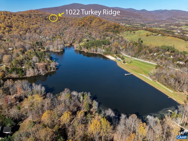 drone / aerial view featuring a forest view and a water and mountain view