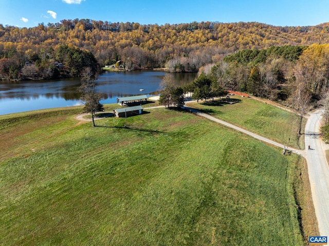 birds eye view of property with a wooded view and a water view