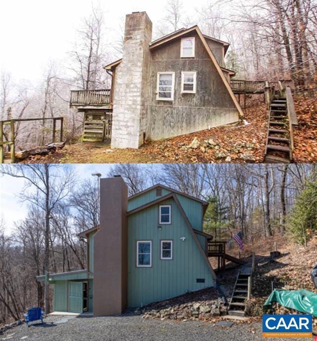 view of property exterior featuring a wooden deck, a chimney, and stairs