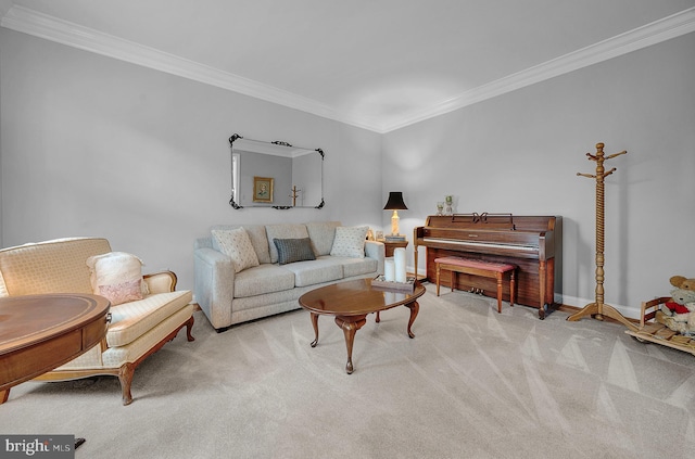 carpeted living room with crown molding and baseboards