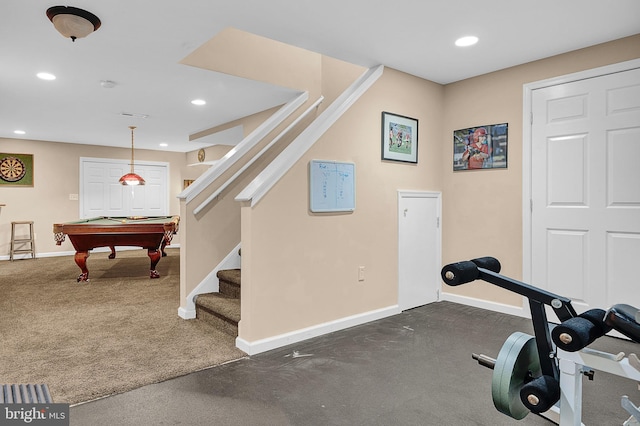 exercise room with recessed lighting, billiards, and baseboards