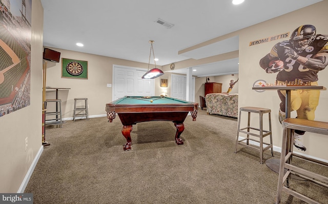 recreation room featuring carpet floors, pool table, visible vents, and baseboards