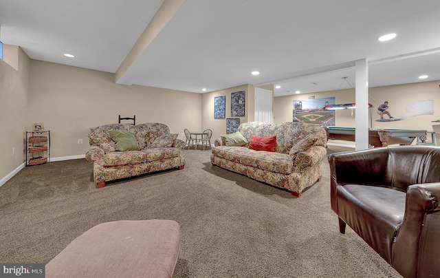 living area with carpet floors, recessed lighting, and baseboards