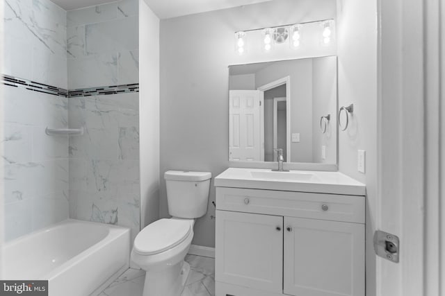 full bathroom with marble finish floor, shower / bathtub combination, toilet, vanity, and baseboards