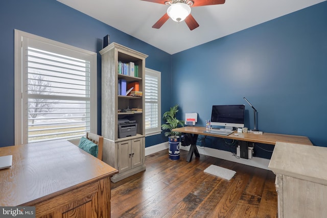 office featuring dark wood finished floors, baseboards, and ceiling fan