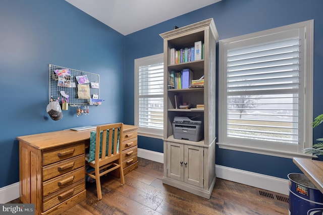 office space with visible vents, baseboards, and dark wood-style floors